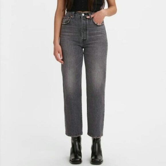 Levi's Ribcage Straight Leg Cropped Denim Jean Button Fly Ankle Gray Black 30 - Picture 1 of 16